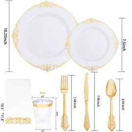 Nervure 350PCS White and Gold Plastic Plates - Gold Plastic Dinnerware Sets for 50 Guests - 100 Gold Disposable Plates, 150 Gold Plastic Silverware, 50 Cups, 50 Napkins for Wedding & Party - amount: 175PCS