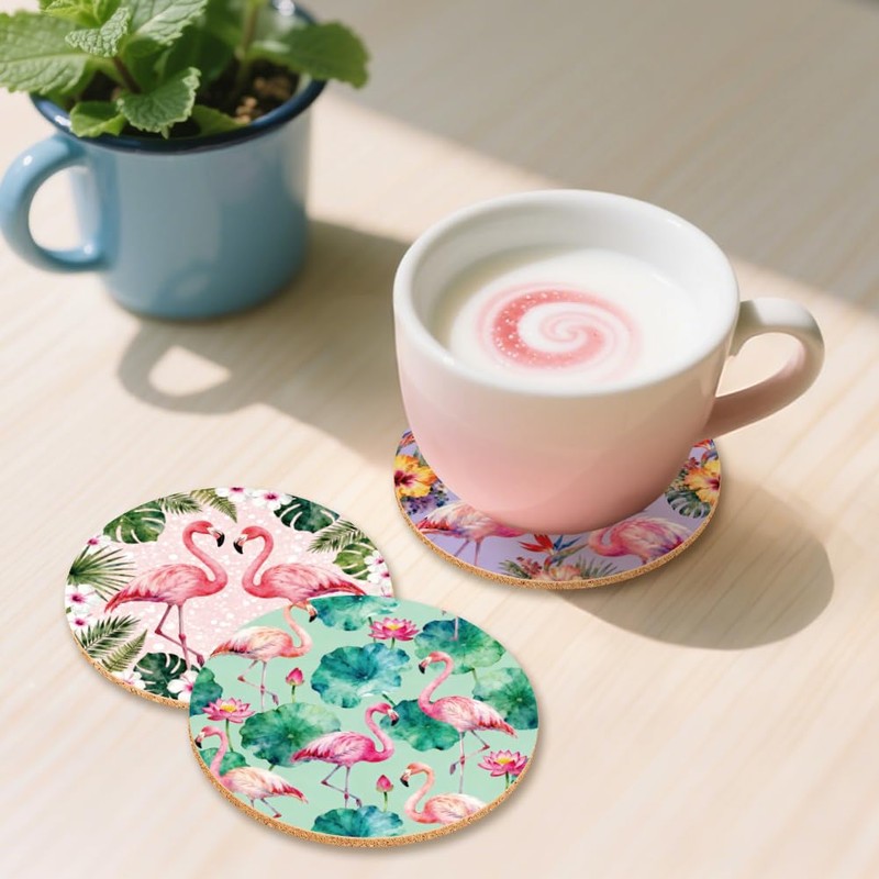 ANATTASOUL Flamingos Wooden Coasters Set of 9 Bulk(3.9")