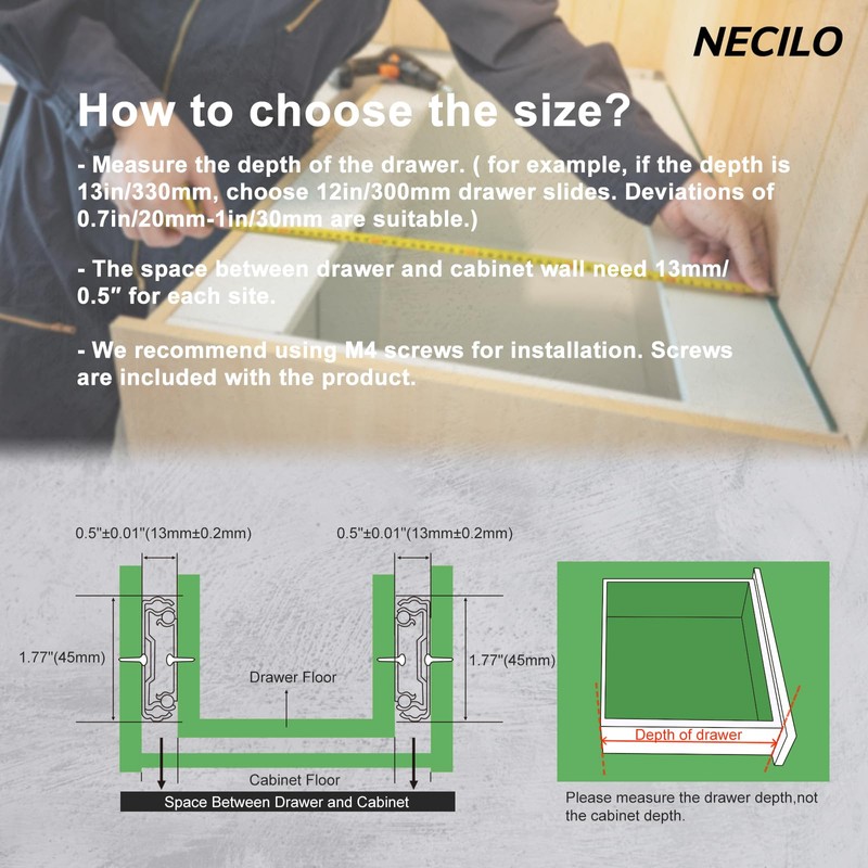 NECILO 18 Inch Stainless Steel Soft Close Drawer Slides, 100lb