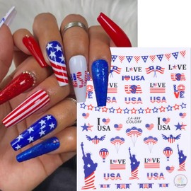 4th of July Nail Art Stickers Decals American Flag Patriotic Independence Day Nail Decals 6PCS USA Flags Statue of Liberty 3D Self-Adhesive Nails Design Stickers for Memorial Day Nail Art Decorations