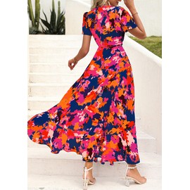 PRETTYGARDEN Women's Summer Wrap Maxi Dress Casual Boho Floral V Neck Short Sleeve Ruffle Hem Split Beach Long Dresses (Blue Orange Floral,Large)