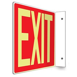 Accuform PSP227 Projection Sign 90D, "EXIT", 8" x 12" Panel, 0.10" Thick High-Impact Lumi-Glow Plastic, Pre-Drilled Mounting Holes, Glow on Red
