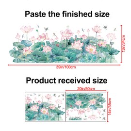 Watercolor Pink Lotus Wall Decals Chinese Style Water Lilies Wall Stickers Vinyl Removable Birds and Dragonflies Art Murals for Living Room Bedroom Office Girls Room Playroom Bathroom Wall Decoration