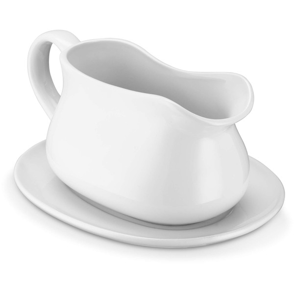 Kook Gravy Boat & Saucer, Ceramic Serving Dish, Dispenser with Tray for Sauces, Dressings and Creamer, Large Handle, Microwave and Dishwasher Safe, 17 oz, White