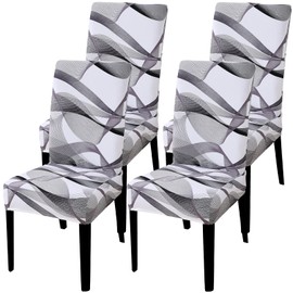 Dining Room Chair Covers Set of 4, Stretch Parsons Chair Slipcovers Removable Washable Spandex Printed Chair Seat Protector Cover for Hotel, Office, Ceremony, Banquet, Wedding Party (Grey/White)