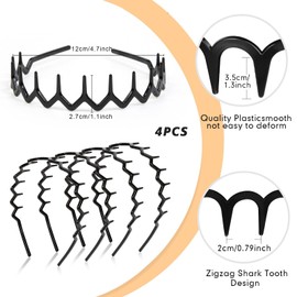 TELAIN 4 Pieces Zigzag Headbands for Women, Girls and Men, Plastic Hair Clips with Teeth, Slim Zigzag Headbands No Slip Black Comb Hair Clips, Hair Accessories