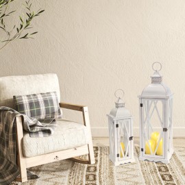 Perfnique Farmhouse Outdoor Lanterns for Patio, Set of 2 White Rustic Lanterns Decor, Vintage Hanging Candle Holder Decorative for Porch, Garden, Yard, Indoor (No Glass)