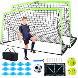 2 Set Kids Soccer Goals for Backyard with Training Equipment, 9x5 ft Portable Foldable Practice Nets with Ball, Dice & Mat, Cones, Air Pump and Carry Bag for Toddler Youth Outdoor Sports Game