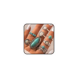 Retro Turquoise Knuckle Rings Set for Women Men Stackable Silver Chunky Gothic Oval Rings Pack Joint Finger Stacking Nail Ring Jewelry Gifts (B)