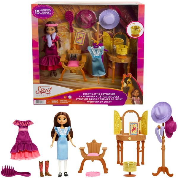 Mattel Spirit Untamed Lucky’s Attic Adventure Playset, Lucky Doll (7-in) with Vanity, Chair, Hat Rack, Zoetrope, Extra Outfit, Boots & Accessories, Great Gift for Ages 3 Years Old & Up