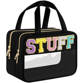 Eurhomewit Clear Wash Bag, Waterproof Toiletry Bag, Shower Bag Large Travel Toiletry Bag for Women, Chenille Letter Plastic Makeup Bag, Clear Cosmetic Bag with Handle and Zipper