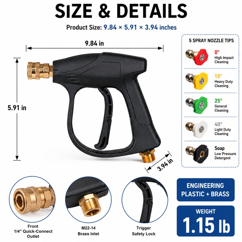 Pressure Washer Gun with 5 Spray Nozzle Tips – M22-14mm