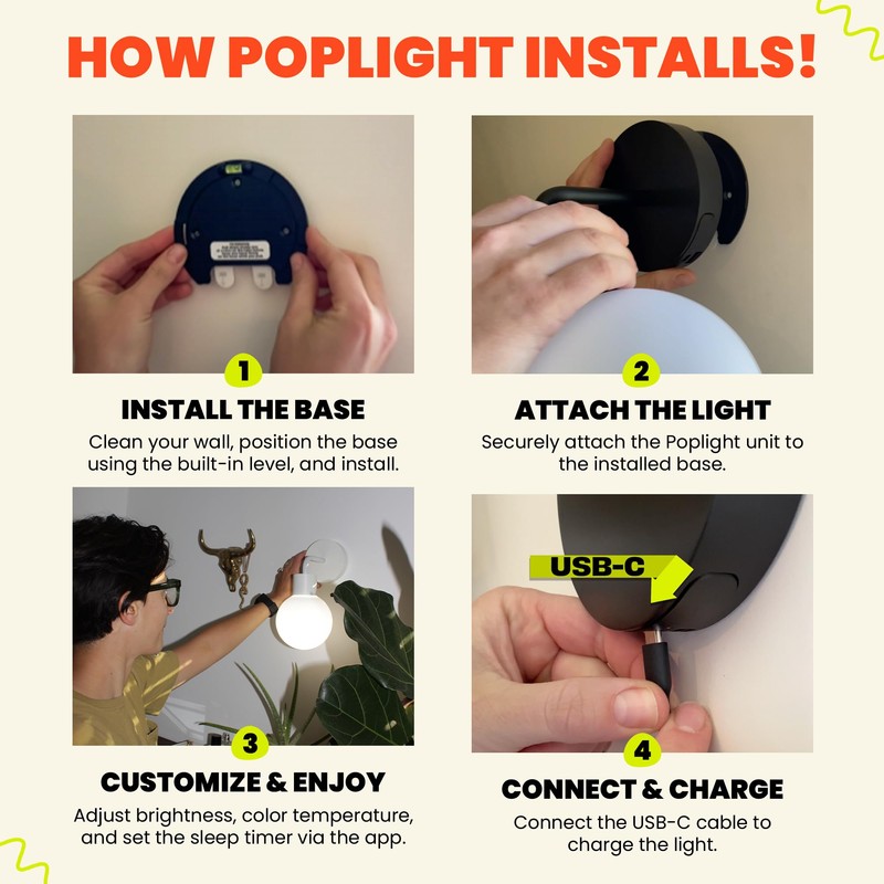 Poplight Wireless Wall Sconce (Shark Tank) Rechargeable & Dimmable LED