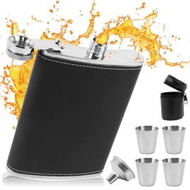 Stainless Steel Hip Flask Alcohol Bottle 8 oz Hip Flask Set Portable Hip Flask with Funnel and 4 Cups for Dads Men for Hiking Wedding Camping Climbing Picnic (Black)
