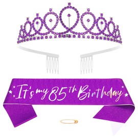 85th Birthday Crown and Sash Women's 85th Birthday Decoration Rhinestone Birthday Tiara Princess Crown Crystal Queen Tiara Birthday Sash Women 85th Birthday Decoration Party Clothing Accessories