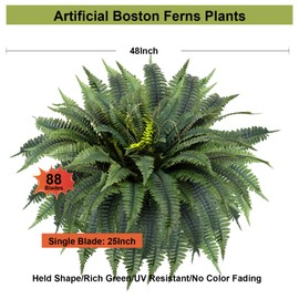 TROKUZEN 48Inch Single Silky Artificial Set of 2 Boston Fern Bush with 88 Branches, Suitable for Decorating Offices, Living Room, Patios with Faux Greenery