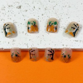 Fall Press on Nails Short Square Fake Nails Orange Pumpkin Designs Thanksgiving False Nails Glossy Glue on Nails Gold Glitter Fall Nails Full Cover Acrylic Nail Kit for Women 24 Pcs
