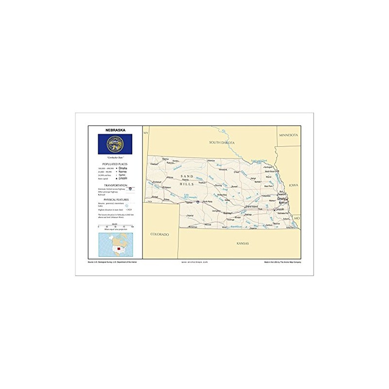 13x19 Nebraska General Reference Wall Map - Anchor Maps USA