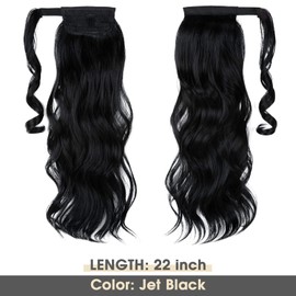 CJL HAIR 22" Ponytail Extension Black Long Pony Tail Wrap Around Clip in Hair Extensions Curly Wavy Synthetic High Resistant Fiber Faux Hairpiece for Black Women