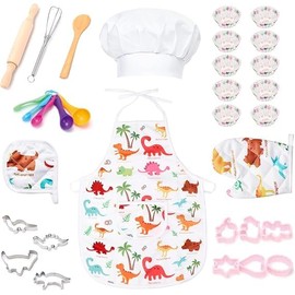 EOGRFW 22Pcs Kids Chef Role Play Costume Set,Toddler Cooking Apron Set,Apron&Chef Hat for Dress Up Chef Costume Play for Kids (Dinosaur)