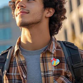 Autism Awareness Heart-Shaped Enamel Badge – Silver Metal with Puzzle Design