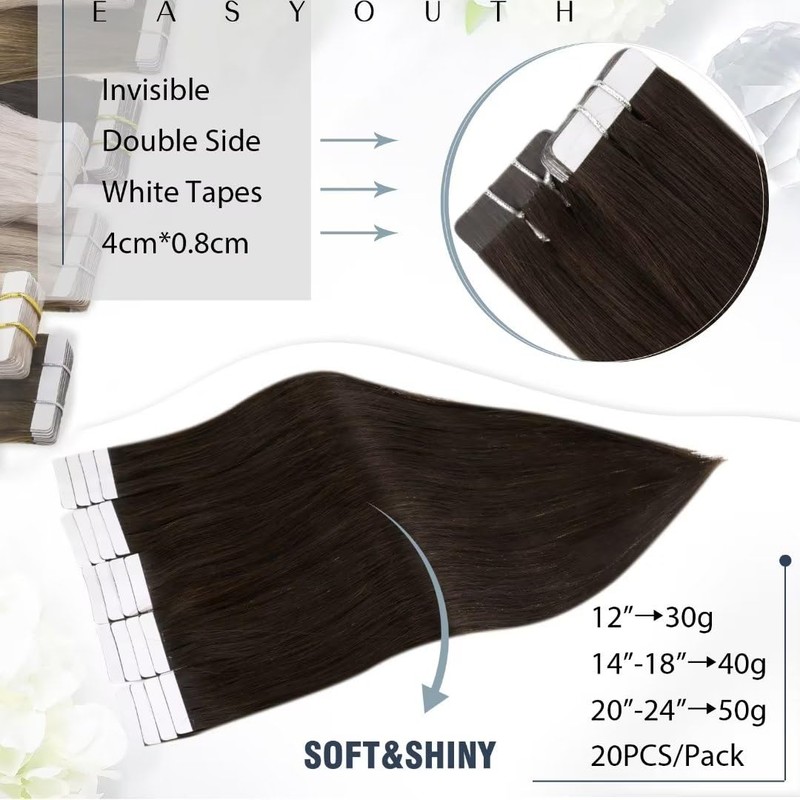 Easyouth #2 Remy Real Hair Tape-In Extensions, Darkest Brown, 30