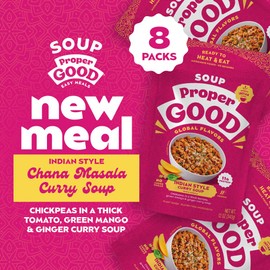 Proper Good Chana Masala Curry Soup | Ready-to-Eat Microwaveable Indian Inspired Chickpea Soup | Flavor-Packed | 90-Second Meal | 8 Pouches for Quick Lunch or Dinner | Gluten-Free