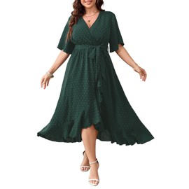 SCOMCHIC Women's Plus Size Summer Dresses Short Sleeve Wrap V Neck Swiss Dot Boho High Low Split Ruffle Maxi Dress Emerald Green