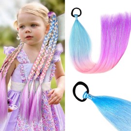 Rainbow Ponytail Hair Extensions with Scrunchie, 2 Packs of 50 g, 26 Inch Long Coloured Hair Extensions for Braiding for Girls and Women (S32)