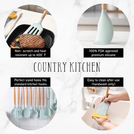 Country Kitchen Non Stick Silicone Utensil Set with Rounded Wood Handles for Cooking and Baking, 38 Piece Set, Mint