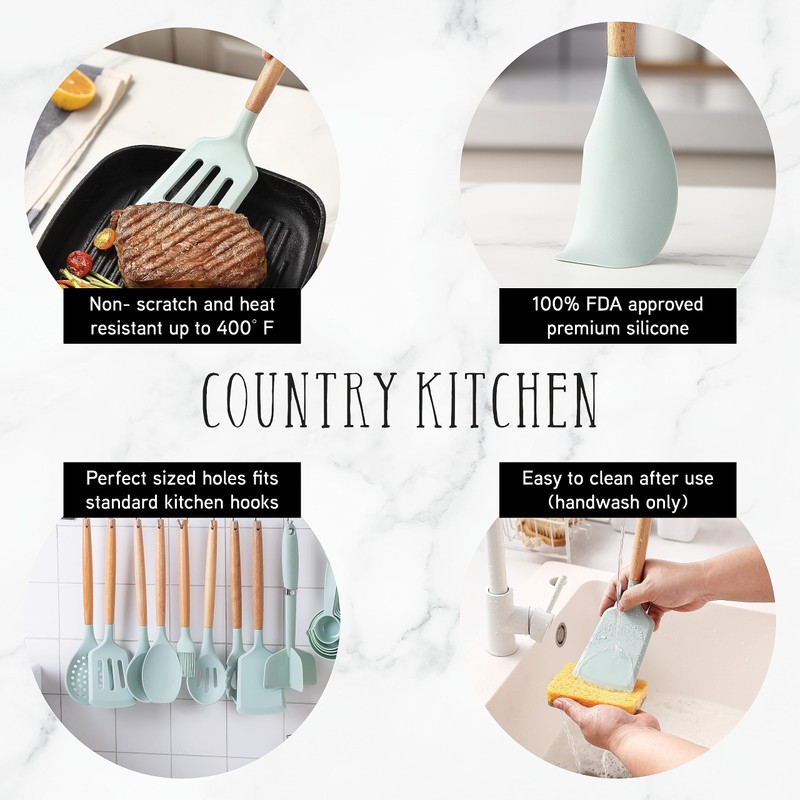 Country Kitchen Non Stick Silicone Utensil Set with Rounded Wood