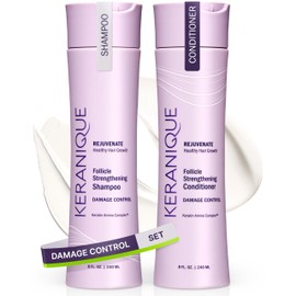 Keranique Shampoo and Conditioner for Damaged Hair - Anti-Breakage, Damage Control Set for Thinning Hair - Intense Repair, Deep Conditioning, Anti-Hairfall Routine w/Keratin - Great for Colored Hair