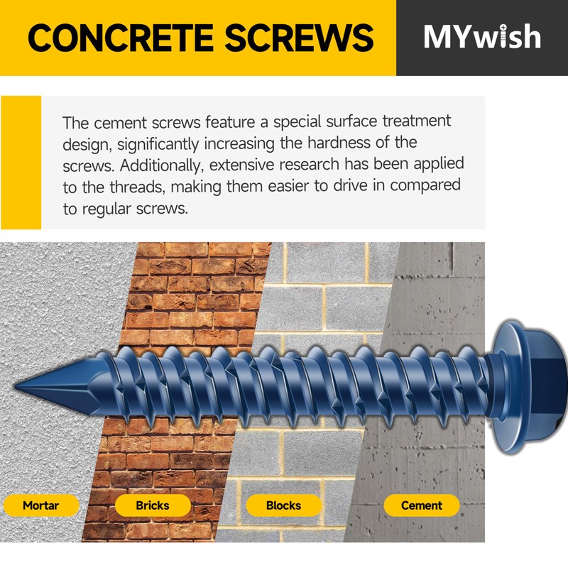 Mywish 100Pcs Concrete Screws, 1/4 x 1-3/4" Slotted Hex Washer