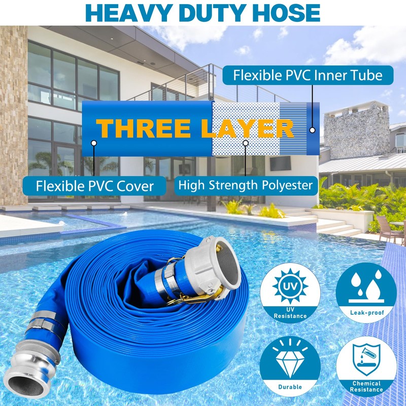 2'' x 50 Ft Discharge Hose, Heavy Duty PVC Lay