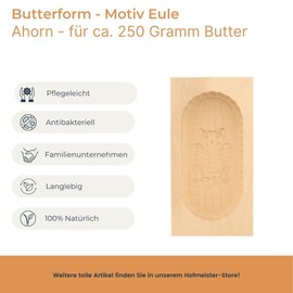 HOFMEISTER® Butterform, für 250 g Butter, 19 cm, Eule, handgeschnitzt in Deutschland, Butter-Form zum Dekorieren, eckige Sturz-Form, Butter-Model aus heimischem Ahorn-Holz