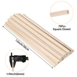 70Pcs 1/4" x 12" Balsa Wood Sticks, Square Wood Dowel Rods Unfinished Balsa Wood Strips Hardwood Wood Sticks for Crafts DIY Projects Models Making