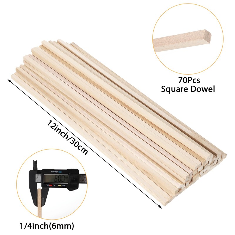 70Pcs 1/4" x 12" Balsa Wood Sticks, Square Wood Dowel