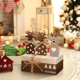 Fiwochic 4 Pcs Christmas Table Decoration Christmas Elk Wooden Book Stack Decor Winter Reindeer Tiered Tray Decor Winter Centerpieces Farmhouse Wooden Block Set Xmas Table Sign for Home