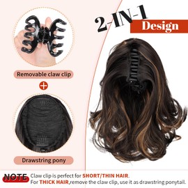 KooKaStyle Ponytail Extension, 10" Short Claw Clip in Pony Tails Hair Extensions Curly Wavy Synthetic Drawstring Hairpieces for Women(Dark Brown with Auburn Highlight)