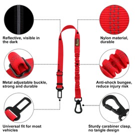 Plutus Pet Dog Seat Belt for Car, Adjustable Dog Car Harness with Carabiner Clip, Reflective Safety Dog Seatbelt Leash with Elastic Bungee, Red
