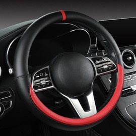 YOUDAXIN Morandi color steering wheel cover, Nappa leather, fashionable sporty style, universal 15 inches, Black and red