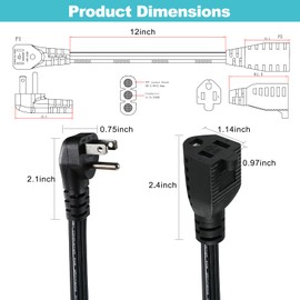 Black Flat Head Extension Cord 1FT Flat Thin Under Carpet Extension Cord with Flat Wall Plug,3 Prong Flat Wire SPT-3 14AWG Heavy Duty Low Profile Grounded Cord for Air Conditioner, Refrigerator