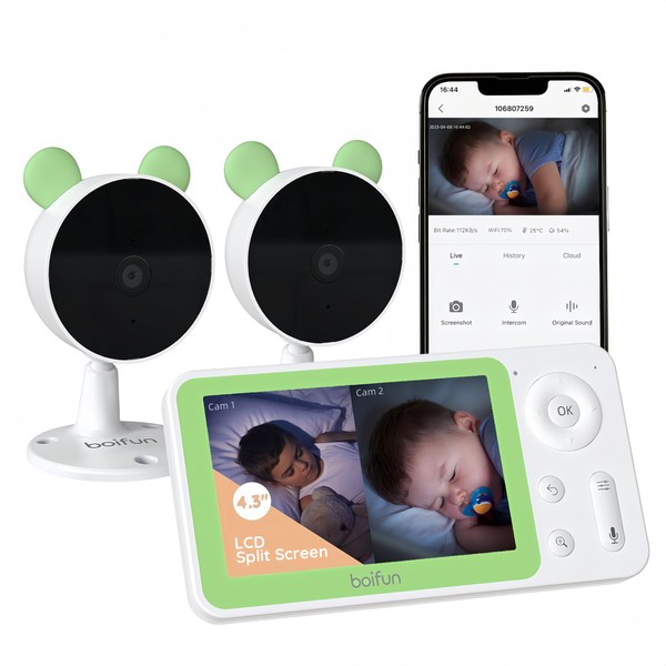 BOIFUN Split Screen Video Baby Monitor, 2 Cameras, Phone APP