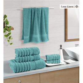 LANE LINEN Luxury Ribbed Bath Towels - 100% Cotton Towels for Bathroom, Zero Twist, Soft Textured, Extra Absorbent, Quick Dry, 2 Bath Towels, 2 Hand Towels, 2 Wash Cloths - Teal (6 Piece Set)