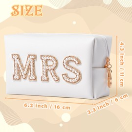 Y1tvei Gold MRS Letter Patch Cosmetic Toiletry Bag Pearl Rhinestone Varsity, PU Leather Bride Makeup Bag Waterproof Portable Zipper Small Clutch Purse Travel Organizer for Women Girls