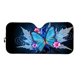 Vintage Blue Butterfly Car Sun Shade Windshield Sunshade Custom Universal, Block Sun Glare, UV and Heat, Protect Car Interior