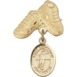 Gold Filled Baby Badge with St. Sebastian/Volleyball Charm and Baby Boots Pin 1 X 5/8 inches
