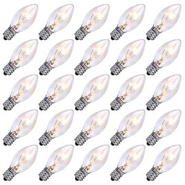 Bokoiuu 25 Pack Christmas Decor Replacement Bulbs Clear, 5 Watt C7 Light Bulbs, E12 Candelabra Base C7 Incandescent Bulb for Indoor/Outdoor Christmas String Lights