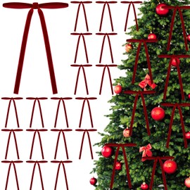 DIYDEC 24PCS Christmas Bow Ornament 5 x 7 Inch Velvet Wreath Crafts Bows Xmas Tree Ribbon Hanging Bows Pendants for Christmas Holiday Home Outdoor Indoor Party Garland Decoration(red)