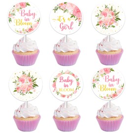 kreat4joy Baby In Bloom Cupcake Toppers Baby Shower for Girl, Pink Floral Baby Shower Cupcake Toppers, It's a Girl Gender Reveal Cupcake Toppers for Baby Girl Baby Shower Birthday Decorations